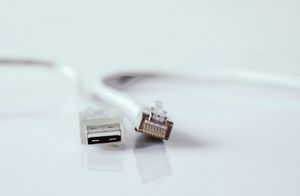 Close-up of USB and Ethernet cable on a white surface