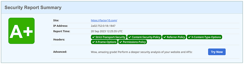 Headers security summary showing an A+ rating